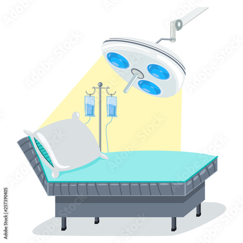 Hospital bed, surgical lamp and dropper intravenous infusion vector cartoon illustration. Medical equipment for the operating room isolated on a white background.
