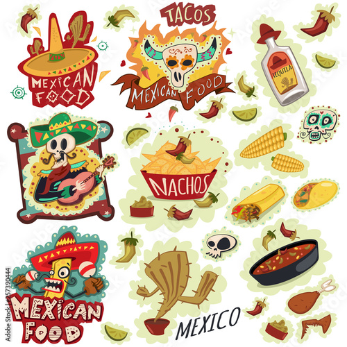 Mexican food logos and icons vector set. Nachos, tequila bottle sombrero, burritos, chili, corn, cactus, skull, sombrero, and others. Hand draw cartoon illustration.