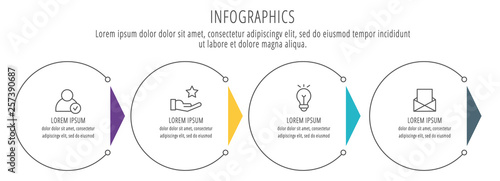 Modern line vector illustration. Infographic circles template with four elements, sectors, icons. Designed for business, presentations, web design, interface, workflow layout, diagrams with 4 steps