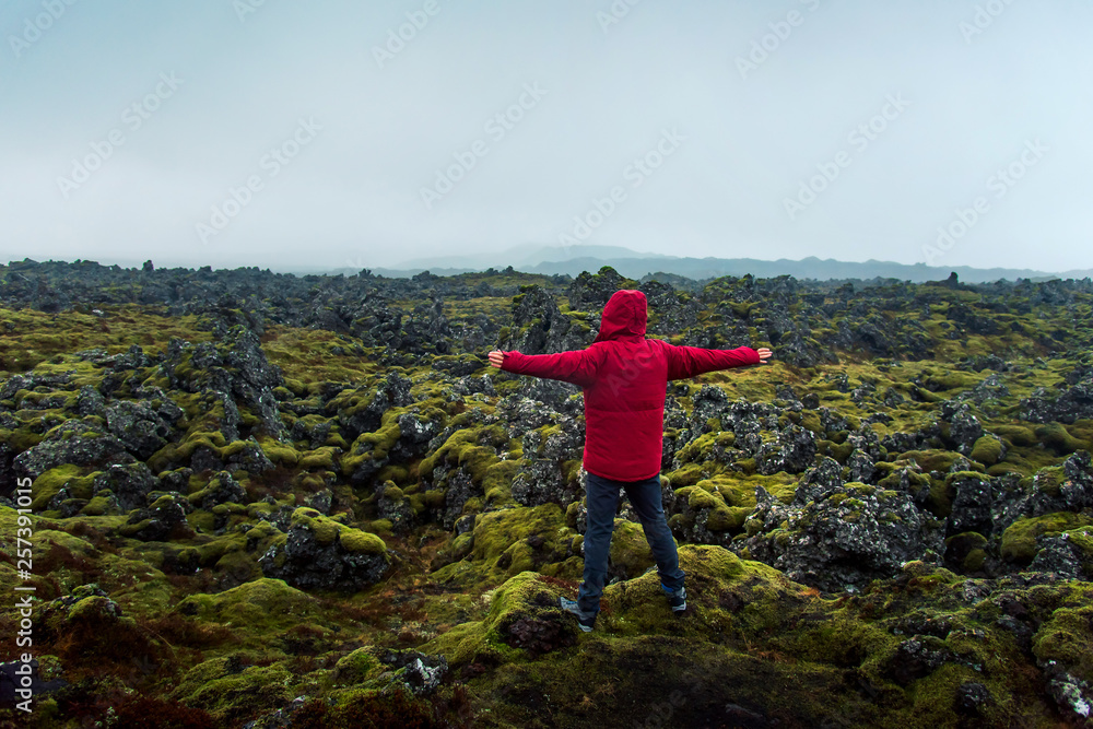 Man enjoying lava field view in Iceland