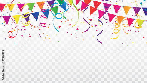 Celebration background template with confetti Colorful ribbons and flag frame. luxury greeting rich card.