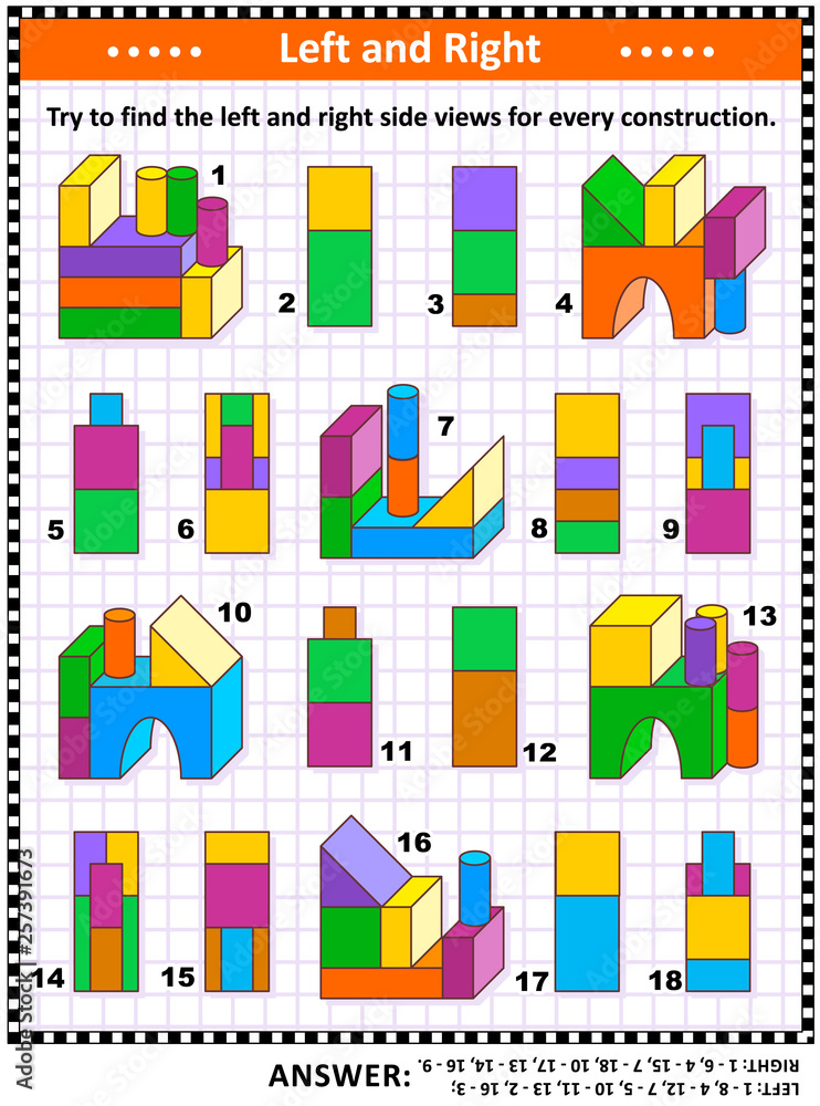Educational math puzzle: Try to find the left and right side views for every construction. Answer included. Educational math puzzle: Try to find the left and right side views for every construction. Answer included.