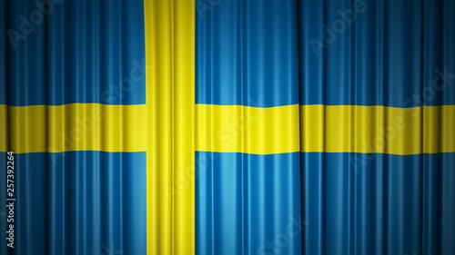 Sweden flag silk curtain on stage. 3D illustration