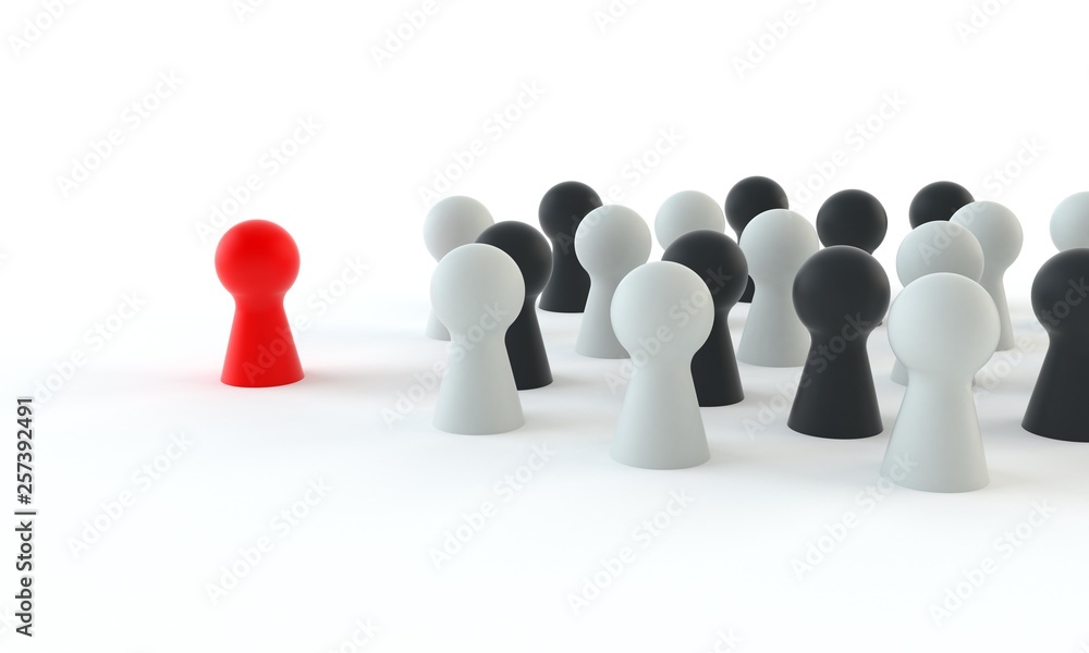 Red game figure in front of a group of white and black figures isolated on white background Red game figure in front of a group of white and black figures isolated on white background