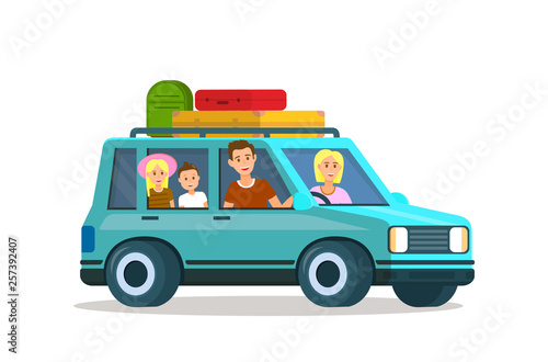 family in blue car on road trip clip art preview