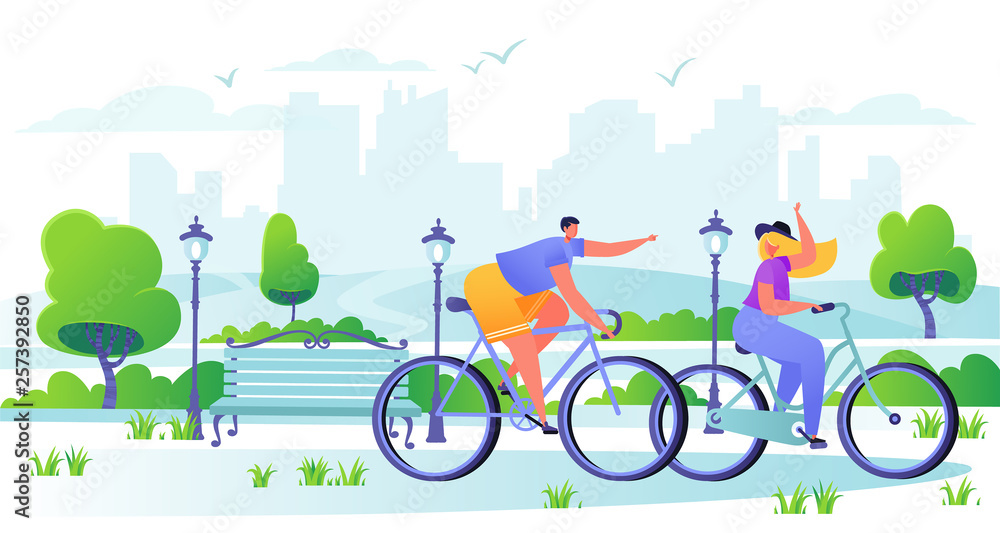 Man and woman characters riding bicycle with city on the background. Active people enjoying bike ride in the park. Healthy lifestyle concept. Characters doing workout outside. Flat, cartoon, trendy,