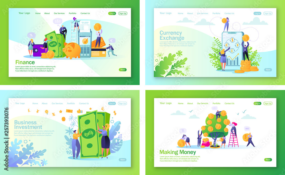 Set of concept of landing pages on finance theme. Flat people, business characters making money. Saving money, online banking, money transaction technology concept for mobilewebsite, web page.