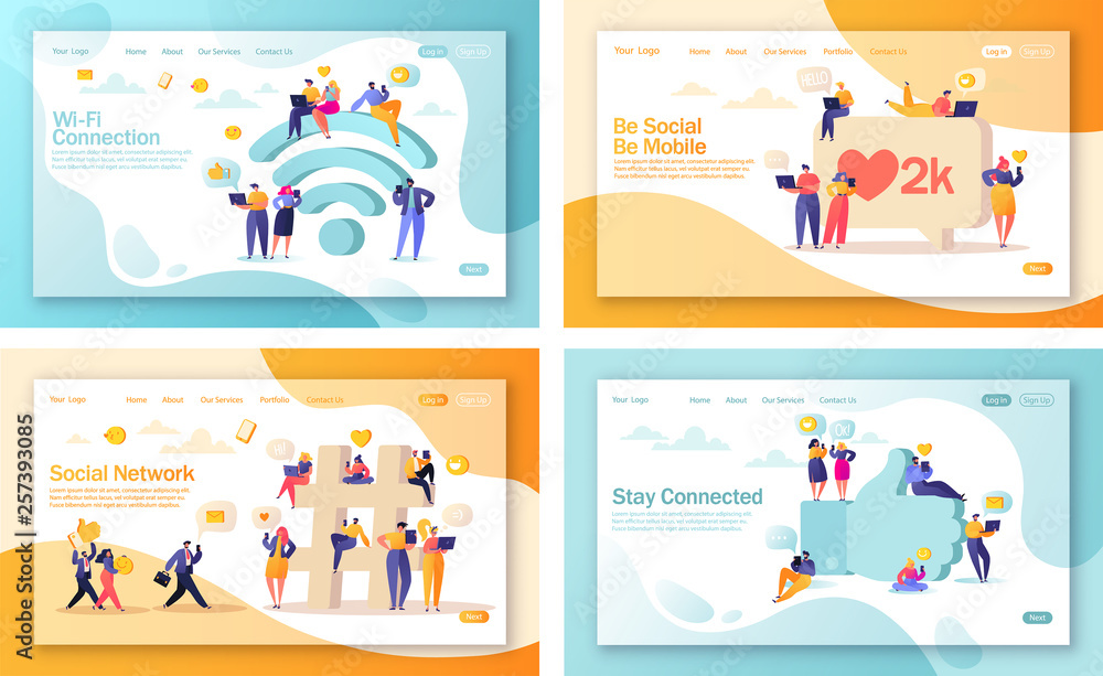Set of concept of landing pages for mobile website development and web page design. Flat people characters chatting in social networks near big symbol emoji Like, Hashtag and big symbol Wi-Fi. Set of concept of landing pages for mobile website development and web page design. Flat people characters chatting in social networks near big symbol emoji Like, Hashtag and big symbol Wi-Fi.