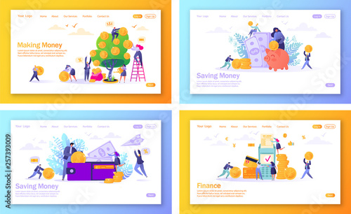 Set of concept of landing pages on finance theme. Flat people, business characters making money, saving money, online banking, money transaction technology. Concept for mobile website, web page.