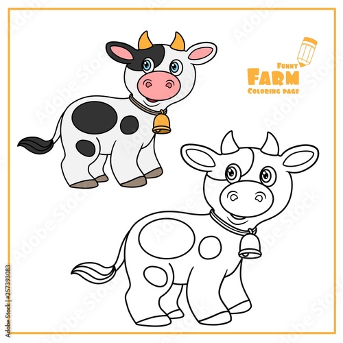 Cute cartoon cow with bell color and outlined on a white background  for coloring page