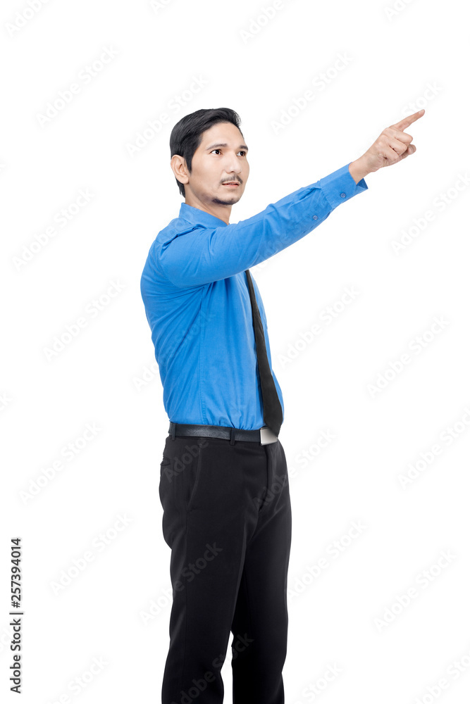 Portrait of asian businessman pointing something with his finger Portrait of asian businessman pointing something with his finger