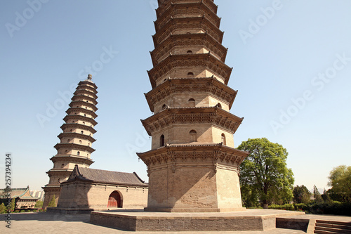 Twins pagodas-The old landmark of Taiyuan city. They were built in the Ming Dynasty of Chinese Times(A.D. 1608-1612). Taken in the Yongzuo Temple of Taiyuan The highest twin pagodas in China photo