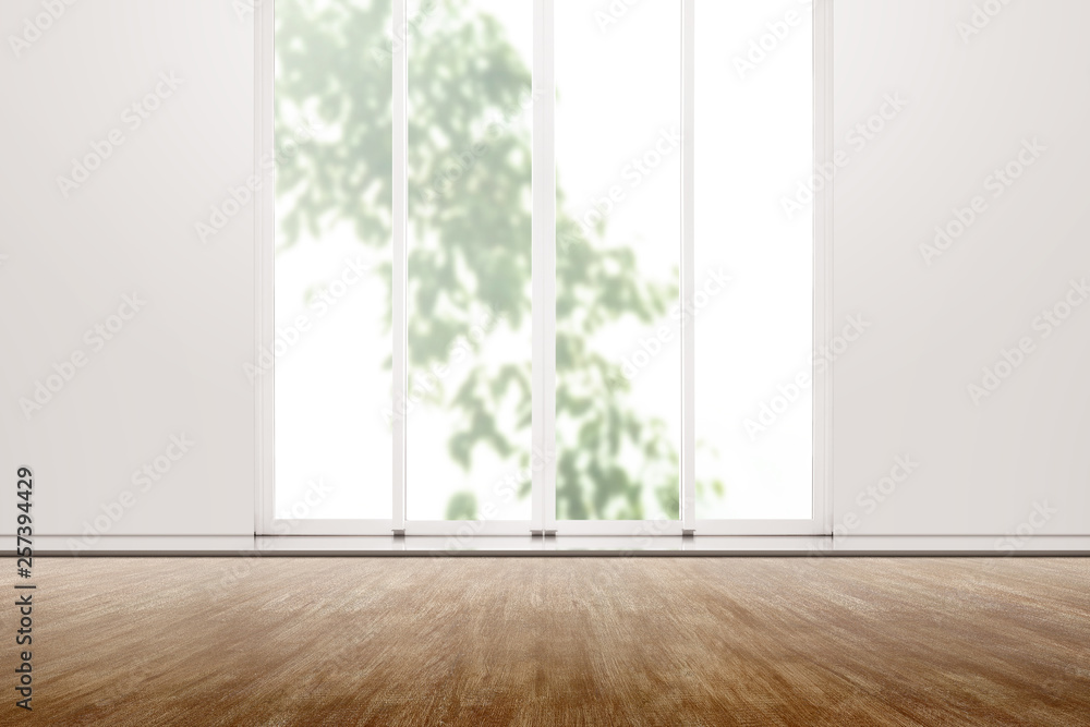 Interior room with wooden floor and white wall with window glass Interior room with wooden floor and white wall with window glass