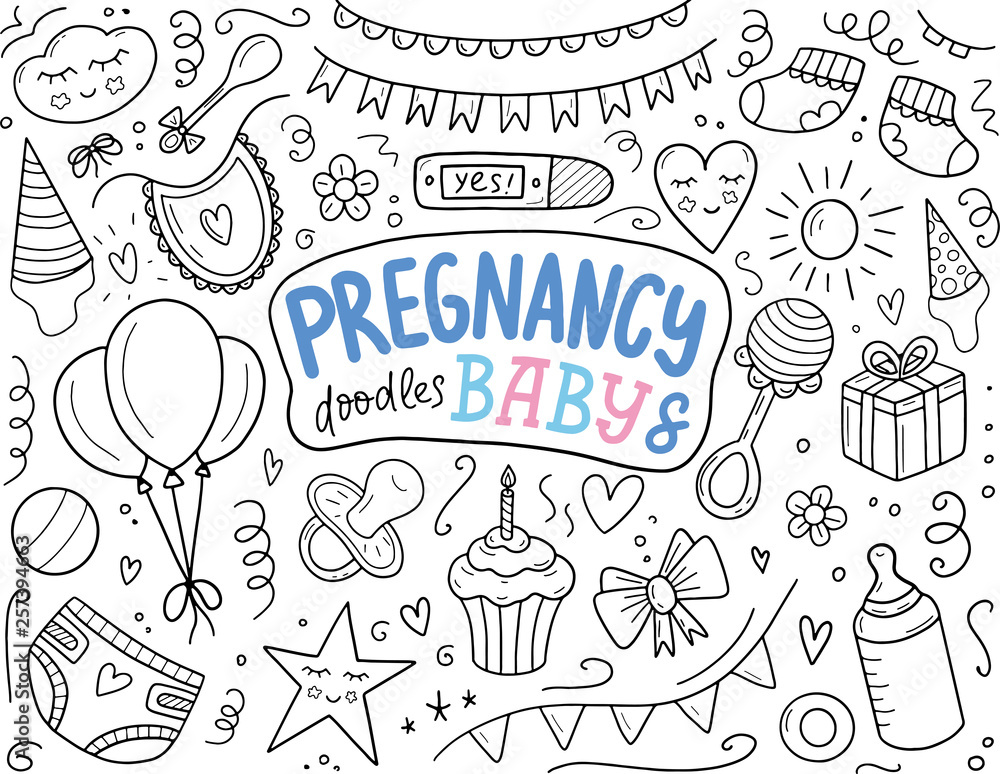 Pregnancy and baby hand sketched doodle set. Doodle hand drawn set of
