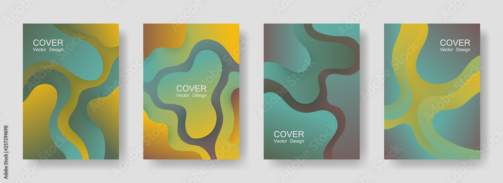 Gradient fluid shapes abstract covers vector set. Advertising banner backgrounds design. Flux paper cut effect blob elements pattern, fluid wavy shapes texture print. Cover templates.
