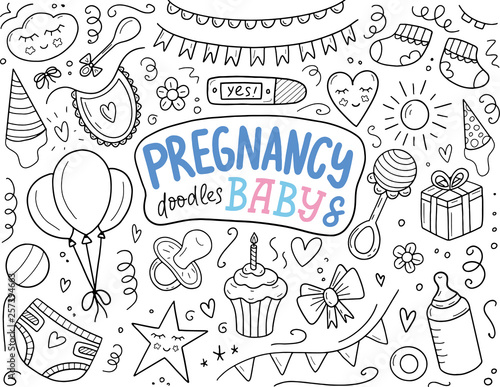 Pregnancy and baby hand sketched doodle set. Doodle hand drawn set of objects and symbols on baby shower theme. Vector illustration eps 10