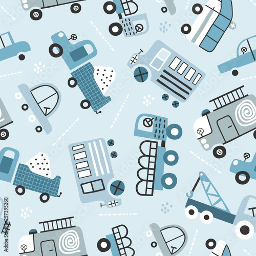 Seamless pattern with hand drawn cute car. Perfect for kids fabric, textile, nursery wallpaper. Blue background.