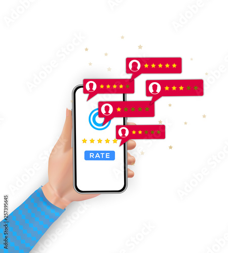 Customer review rating ranking on mobile phone. Client feedback evaluation, testimonials, vote system concept. Banner or poster design. Flat vector illustration