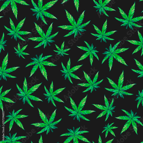 Cannabis green leaf seamless pattern. Weed surface design. Vector hand drawn isolated on black