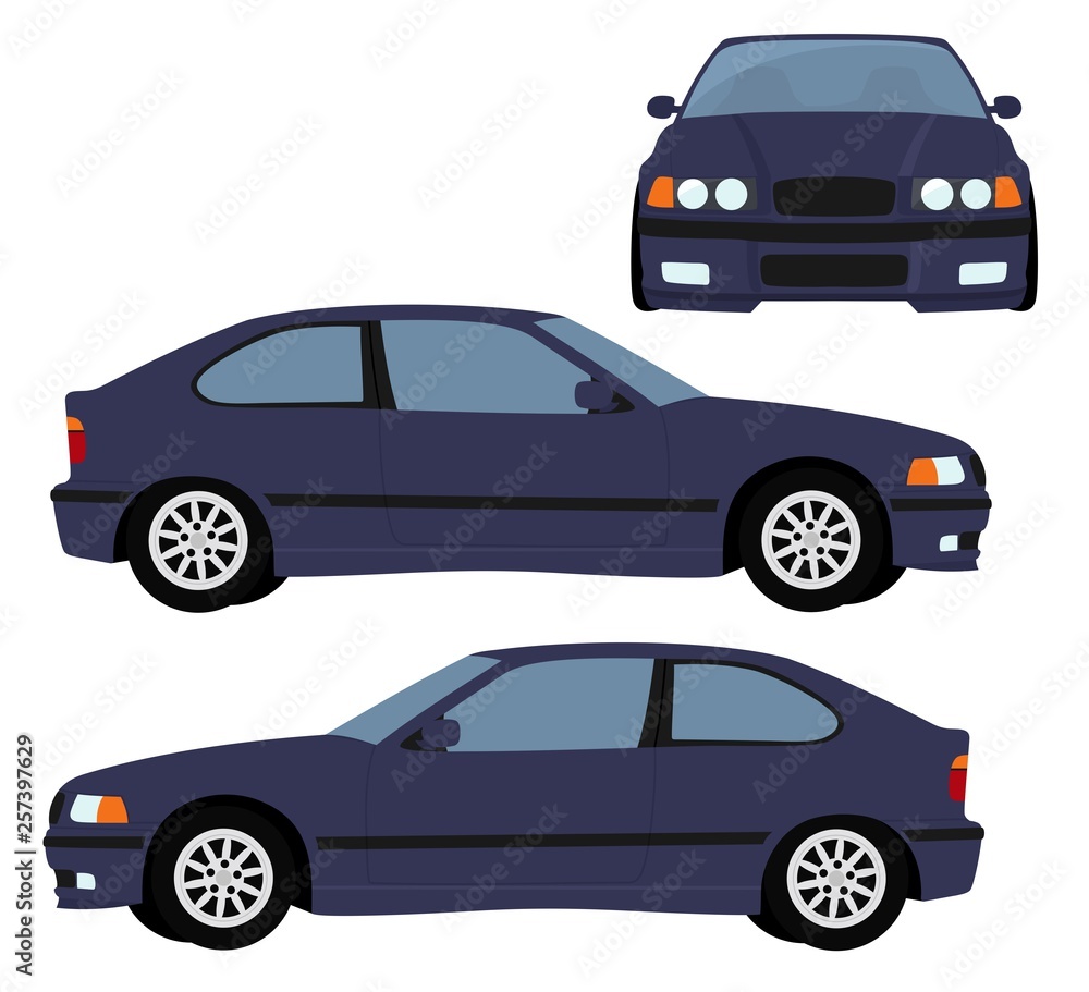 Car Raster template on white background. hatchback car isolated. Vehicle branding mockup. Side, front view. Raster illustration on white background