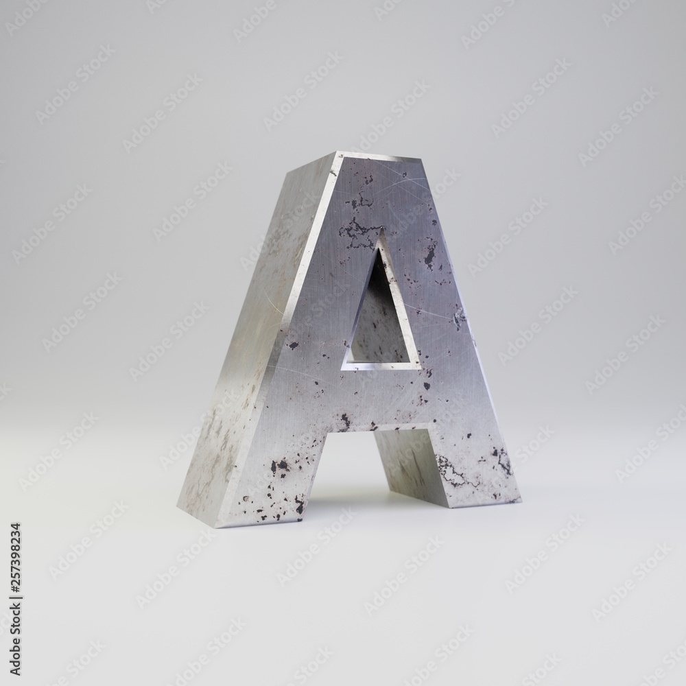 Metal letter A uppercase. 3D render scratched rusty metal font isolated on white background. Metal letter A uppercase. 3D render scratched rusty metal font isolated on white background.
