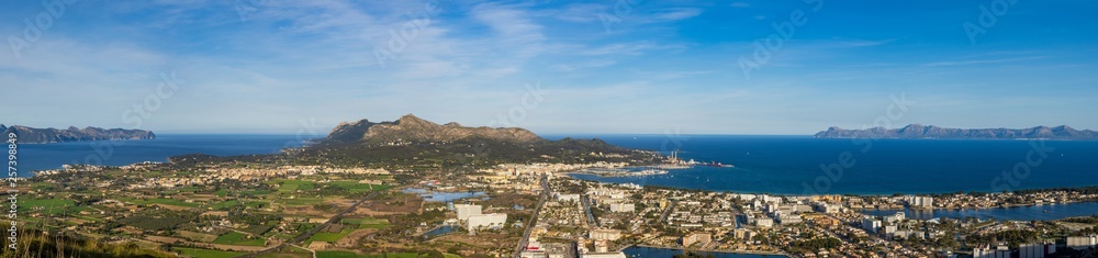 AERIAL PANORAMIC OF ALCUDIA AND PUERTO ALCUDIA, NORTH OF MALLORCA, BALEARES, SPAIN