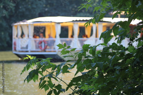 water, travel, transportation, transport, boat, blue, lake, tree, tropical, yellow, green