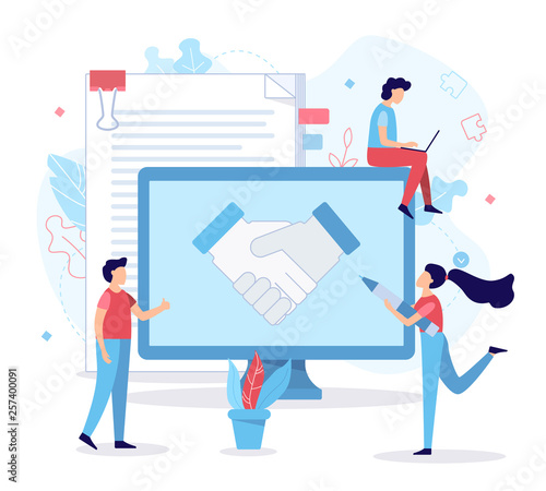 The successful conclusion of the transaction. Handshake partners. Business concept. Flat vector illustration.