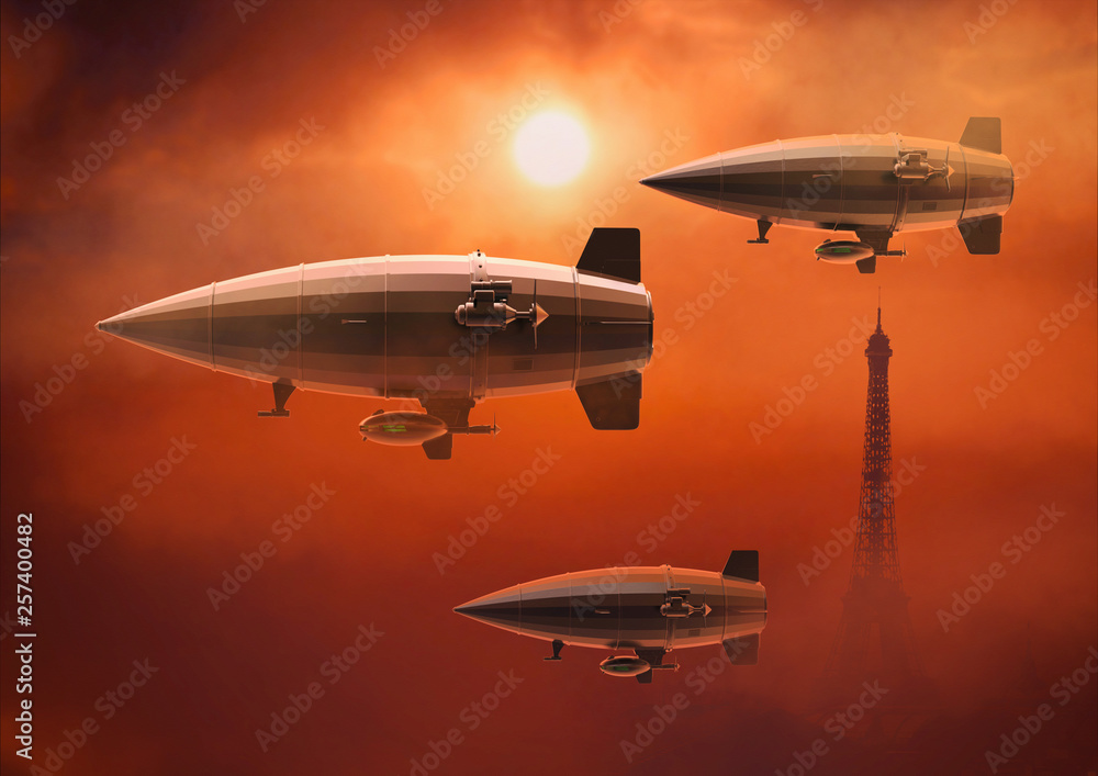 Obraz premium Vintage airship Zeppelin. in the sky. 3d illustration