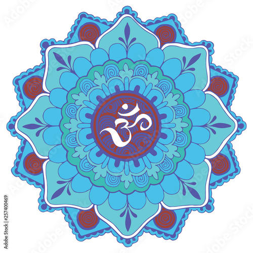 Pattern in the style of Indian ornament Mehndi. Om sign inside the circle.