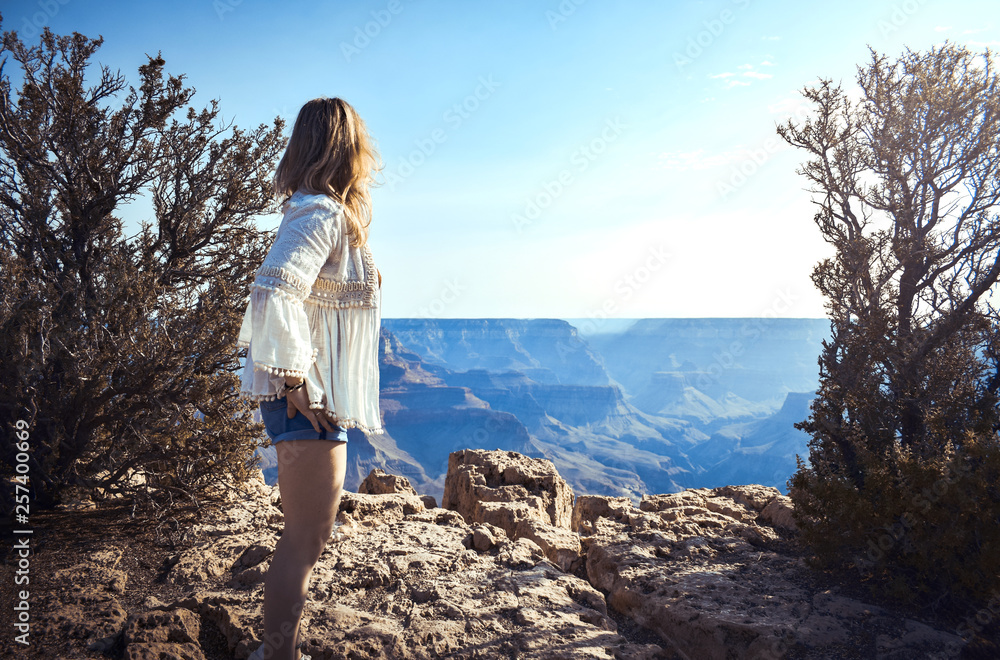 Sunrise at Grand Canyon. Tourist woman girl hiker with plants or bushes watching beautiful scenery in Grand canyon, Arizona, USA.