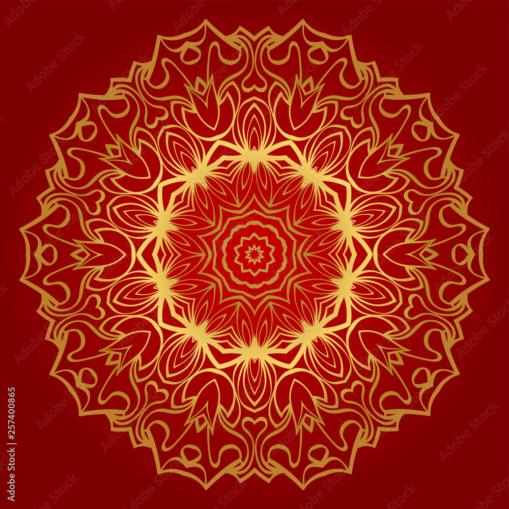 Modern Floral Vector Ornaments. Decorative Flower Mandala. Vector Illustration. Red, gold color