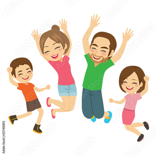 Young active happy smiling family jumping together isolated