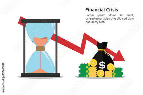 Financial crisis concept with red arrow decrease or drop down. Hourglass as time passing concept for losing much money. Fail investment. Vector illustration.