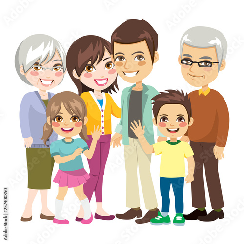 Beautiful big happy family of six members smiling together