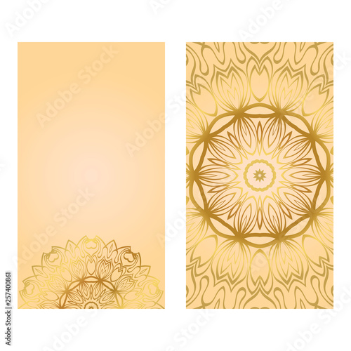 Cards Or Invitations Set With Mandala Ornament. Vector Illustration. For Wedding, Bridal, Valentine's Day, Greeting Card Invitation. Gold color