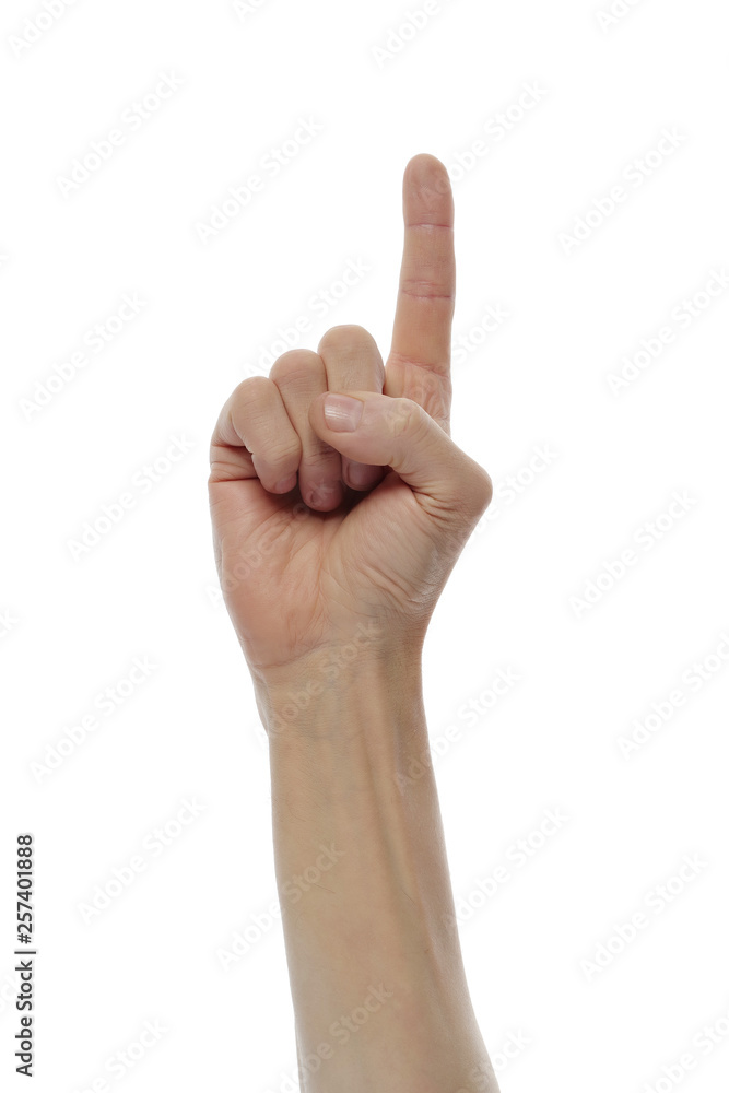 Hand with a raised index finger.Isolated white background. Hand with a raised index finger.Isolated white background.
