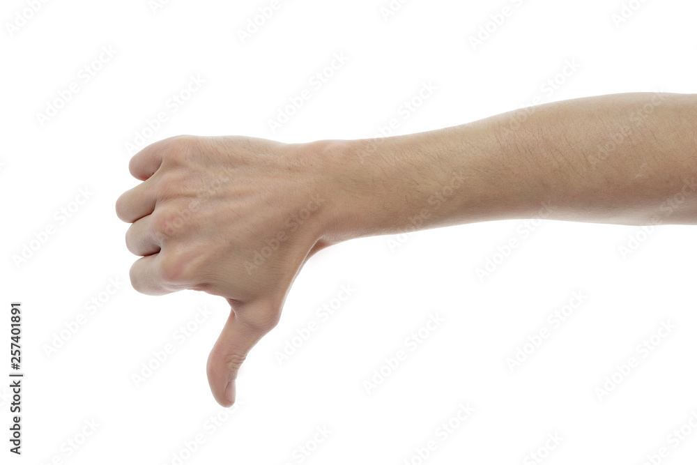 Hand showing dislike on white isolated background. Hand showing dislike on white isolated background.