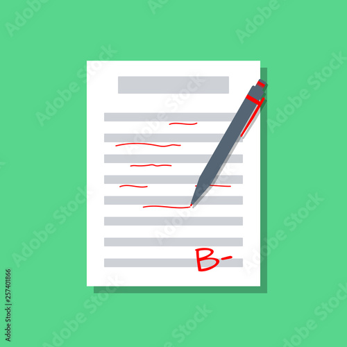 school homework or dictation checking with mistakes and b grade, flat vector illustration