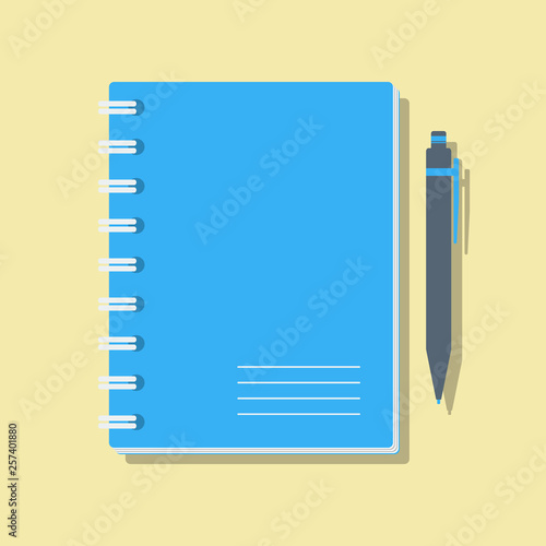 clear exercise book with ball pen, flat vector illustration