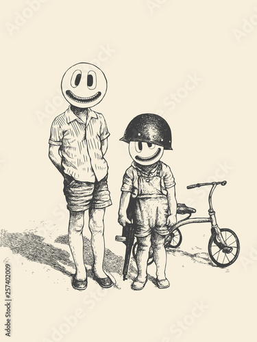 Two boys with emoticons instead of faces. Angry little bikers with retro tricycle. Vector illustration.