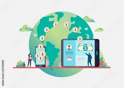 Online money transfer. People send money via smartphone. internet banking. worldwide payment. Flat vector illustration modern character design. For a landing page, banner, flyer, web page.