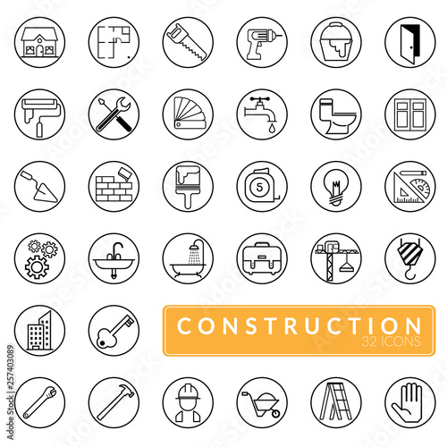 vector of outline construction icons set. building, construction, home repair and renovation tools