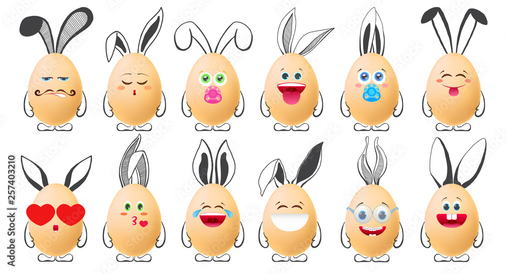 Set of realistic eggs with emoticons and with painted elements. Vector Set of realistic eggs with emoticons and with painted elements. Vector