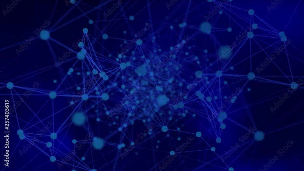 Fly through futuristic network - abstract dots and lines on blue. Irregular structure of connected points. Science background - mathematical or chemical objects. 3D rendering. Fly through futuristic network - abstract dots and lines on blue. Irregular structure of connected points. Science background - mathematical or chemical objects. 3D rendering.