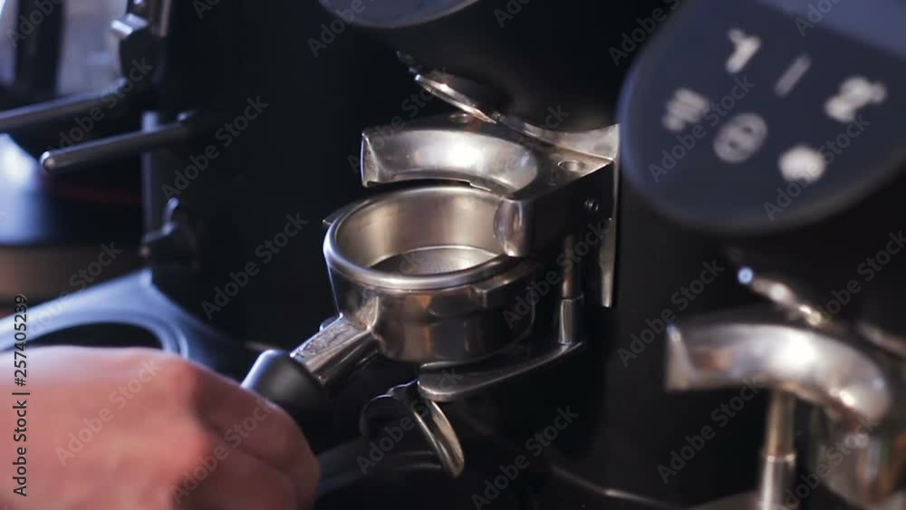 Close-up coffee machine holder fill up. Espresso machine. Close-up coffee machine holder fill up. Espresso machine.