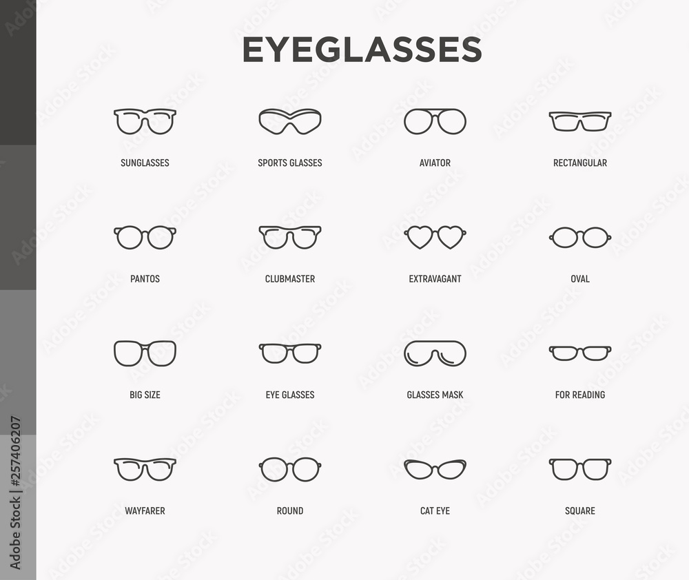 Eyeglasses thin line icons set: sunglasses, sport glasses, rectangular, aviator, wayfarer, round, square, cat eye, oval, extravagant, big size, for reading. Modern vector illustration. Eyeglasses thin line icons set: sunglasses, sport glasses, rectangular, aviator, wayfarer, round, square, cat eye, oval, extravagant, big size, for reading. Modern vector illustration.