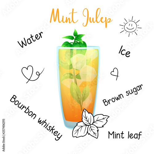 Simple recipe for an alcoholic cocktail Mint Julep. Vector