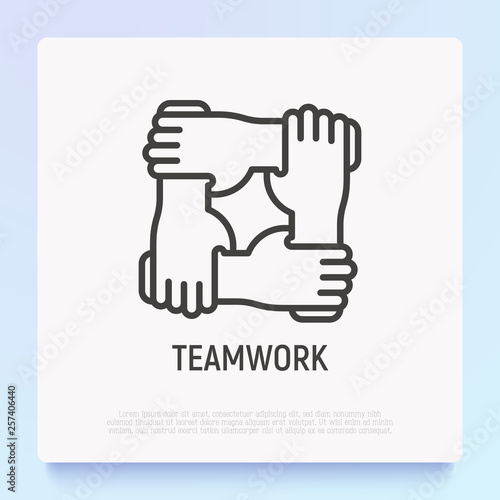 Teamwork thin line icon with gradient: four hands holding together for wrist. Modern vector illustration of partnership symbol.
