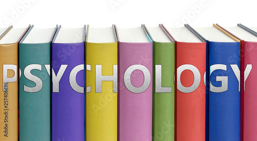 Psychology and books in a library - ideas of studying, learning and reading pictured as colorful books on white background with english word as a title, 3d illustration